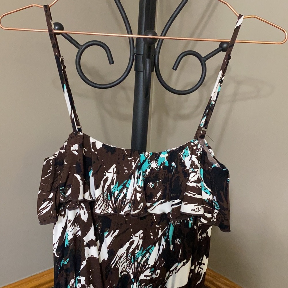 Allen B brown turquoise and cream floral spaghetti strap maxi dress size s - Picture 3 of 4